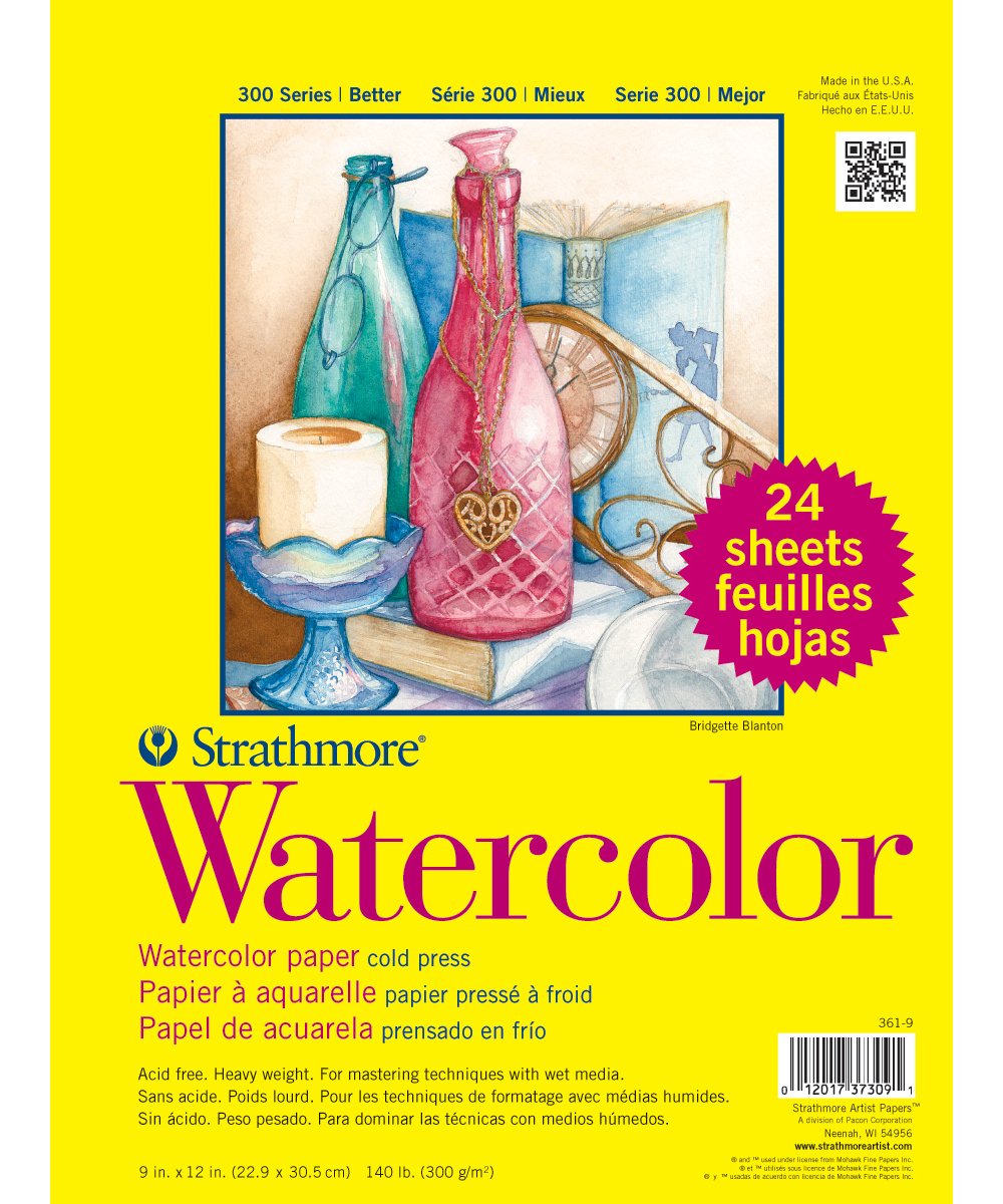 Strathmore 300 Series Watercolor Paper Pad, 9x12 inches, 24 Sheets (140lb/300g) - Artist Paper for Adults and Students - Watercolors, Mixed Media