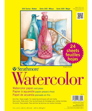 Strathmore 300 Series Watercolor Paper Pad, 9x12 inches, 24 Sheets (140lb/300g) - Artist Paper for Adults and Students - Watercolors, Mixed Media
