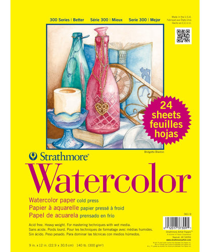 Strathmore 300 Series Watercolor Paper Pad, 9x12 inches, 24 Sheets (140lb/300g) - Artist Paper for Adults and Students - Watercolors, Mixed Media