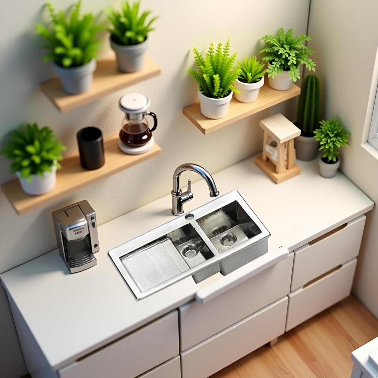 1Pcs Silver 1/12 Realistic Wash Basin Kitchen Double Sink Furniture Accessory for Dolls House,Model Role Play Miniature Size Toy