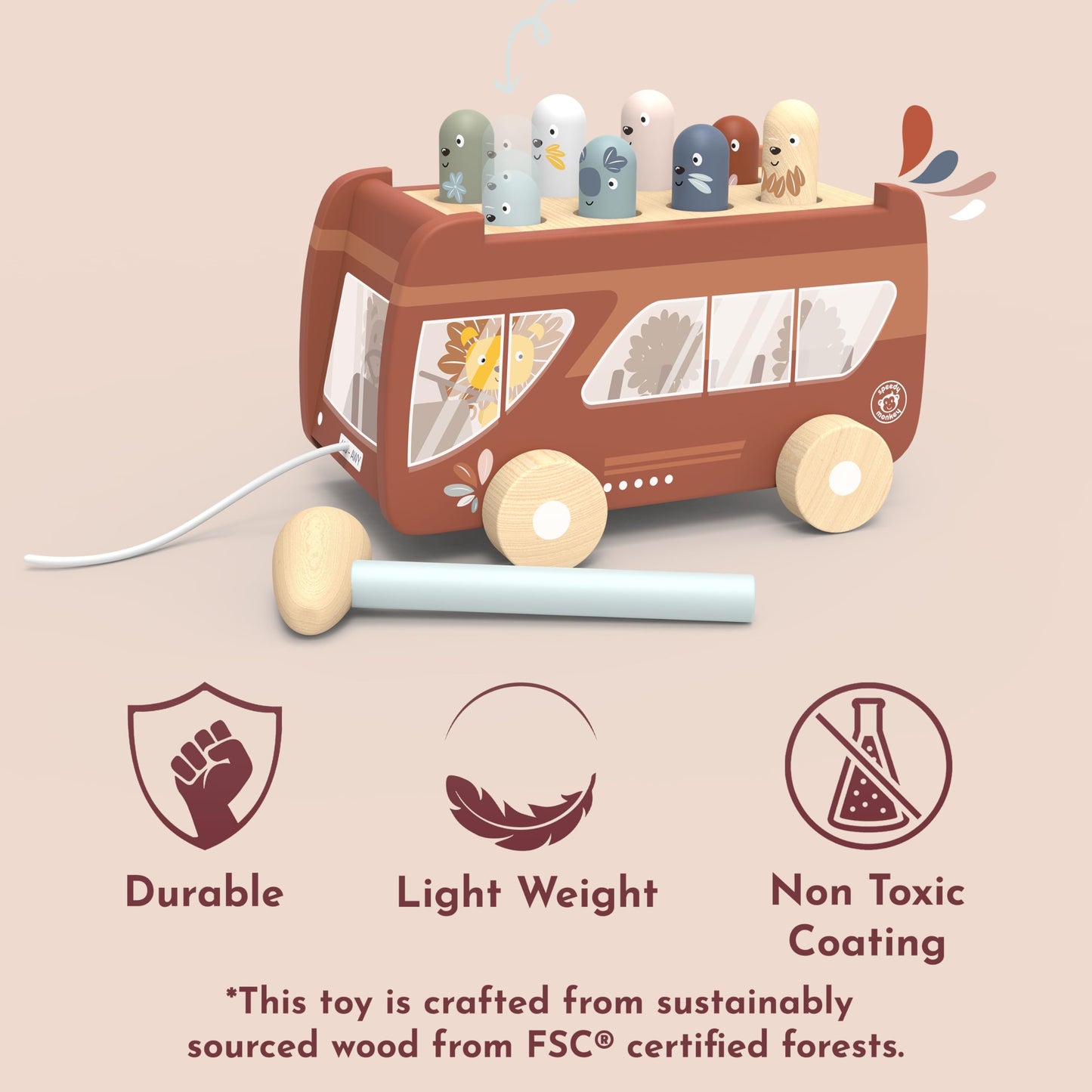 Speedy Monkey Bus Pounding Bench, Pull-Along Bus with Hammering Activity, 8 Wooden Characters, Enhances Hand-Eye Coordination, Safe Design, Non-Toxic
