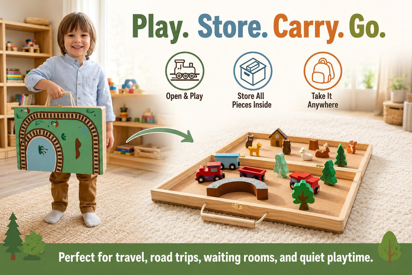 Imagine & Play Nature Explorer - 17 Piece Wooden Train Set with Foldable Carrying Board, Forest Animals & Bridge - Toddler Toys, Train Toys, Toys