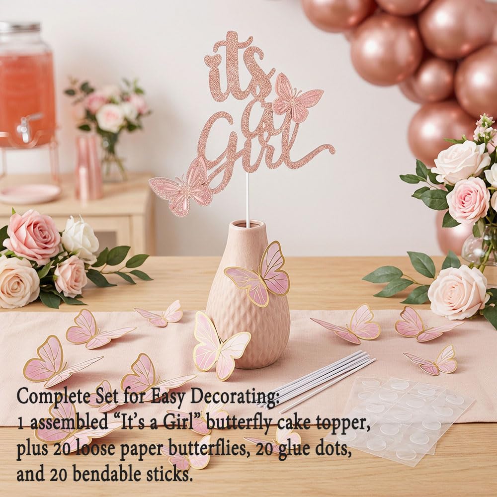 Double Sided Glitter “It’s a Girl” Cake Topper Set, Assembled Rose Gold Cake Topper for Baby Shower with 20 Pink Butterflies Cupcake Toppers, Party