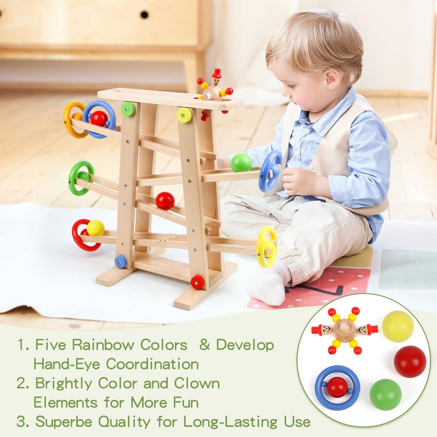 Wooden Wooden Race Track Toddler Toys for 1-3, Wood Car Ramp Racer Toy Vehicle Set with 4 Balls & 5 Race Tracks, Great Educational Montessori Toys