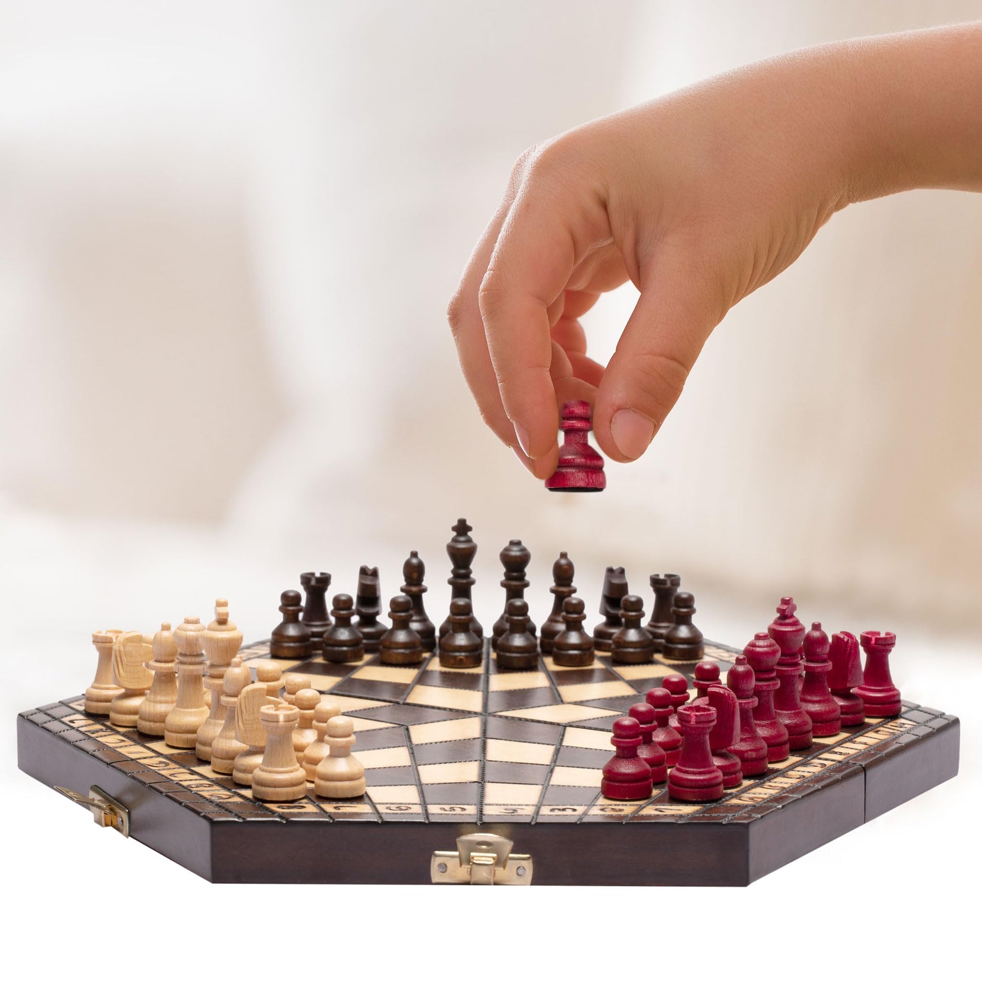Husaria Wooden Three-Player Chess - 12 Inches - with Foldable Board, Handcrafted Playing Pieces, and Felt-Lined Storage
