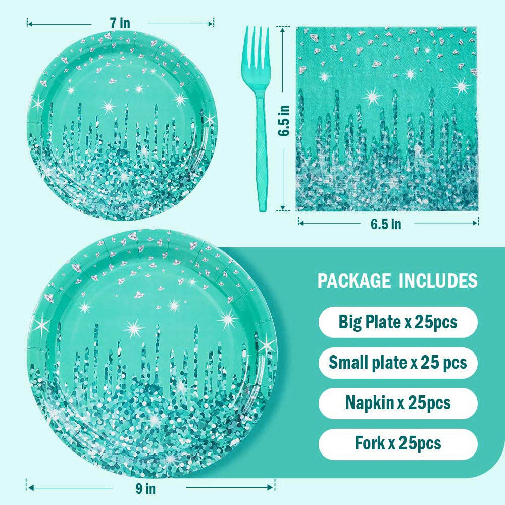 Teal Birthday Decorations Tableware Set, Teal Paper Plates for 25 Guest