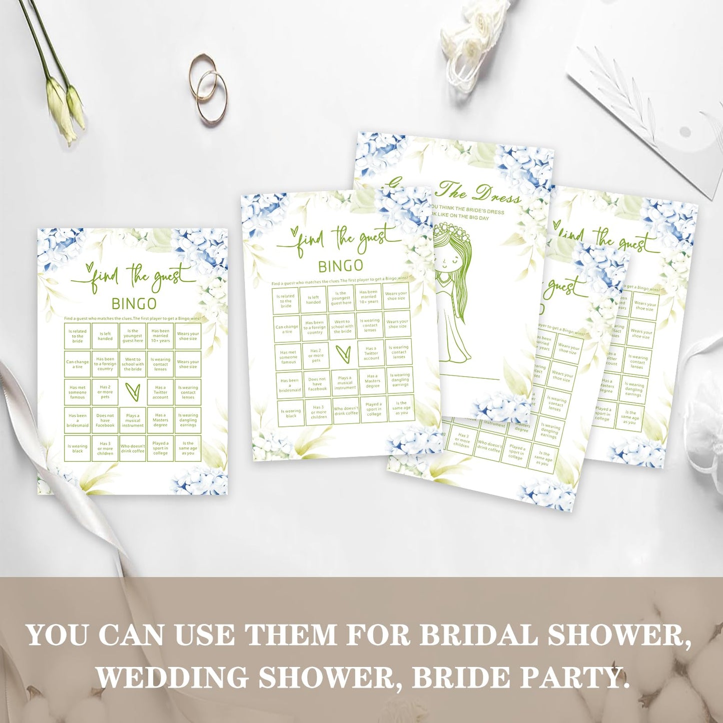 SMOQYKBW Floral Wedding Bingo Game Cards, Bridal Shower Guest Activity with Dress Drawing, 30 Pack, 7 Inch, Blue Hydrangea Design