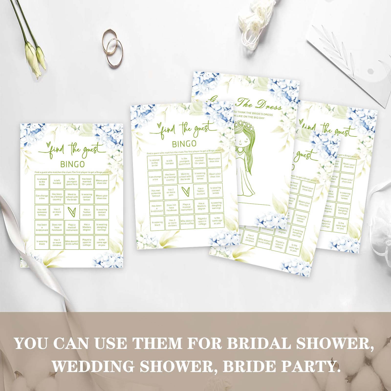 SMOQYKBW Floral Wedding Bingo Game Cards, Bridal Shower Guest Activity with Dress Drawing, 30 Pack, 7 Inch, Blue Hydrangea Design