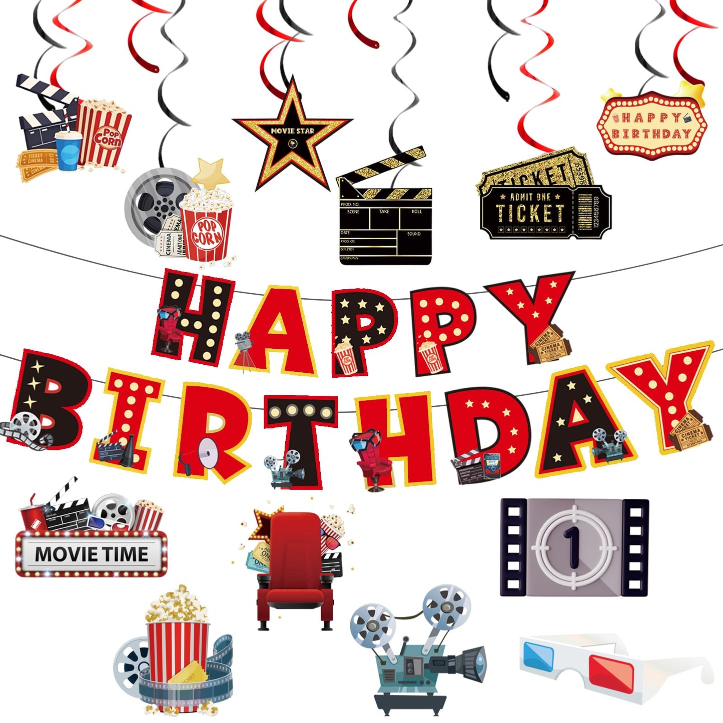 Movie Night Decorations, Movie Night Supplies, Happy Birthday Banner Hanging Swirls Movie Theme Party Decorations for Birthday Party Film Backdrop