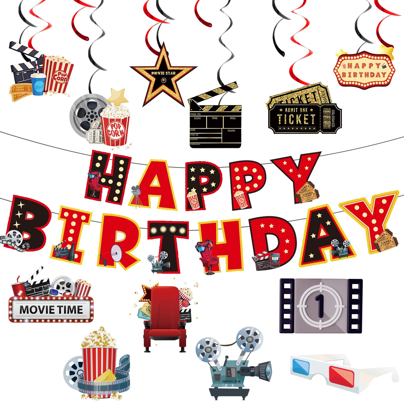 Movie Night Decorations, Movie Night Supplies, Happy Birthday Banner Hanging Swirls Movie Theme Party Decorations for Birthday Party Film Backdrop