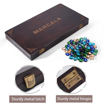 VAMSLOVE Mancala 4 Player Board Game Set, Luxury Solid Wood Folding Mancala Board, 96+12 Bonus Multi Color Glass Stone Beads Game Instructions