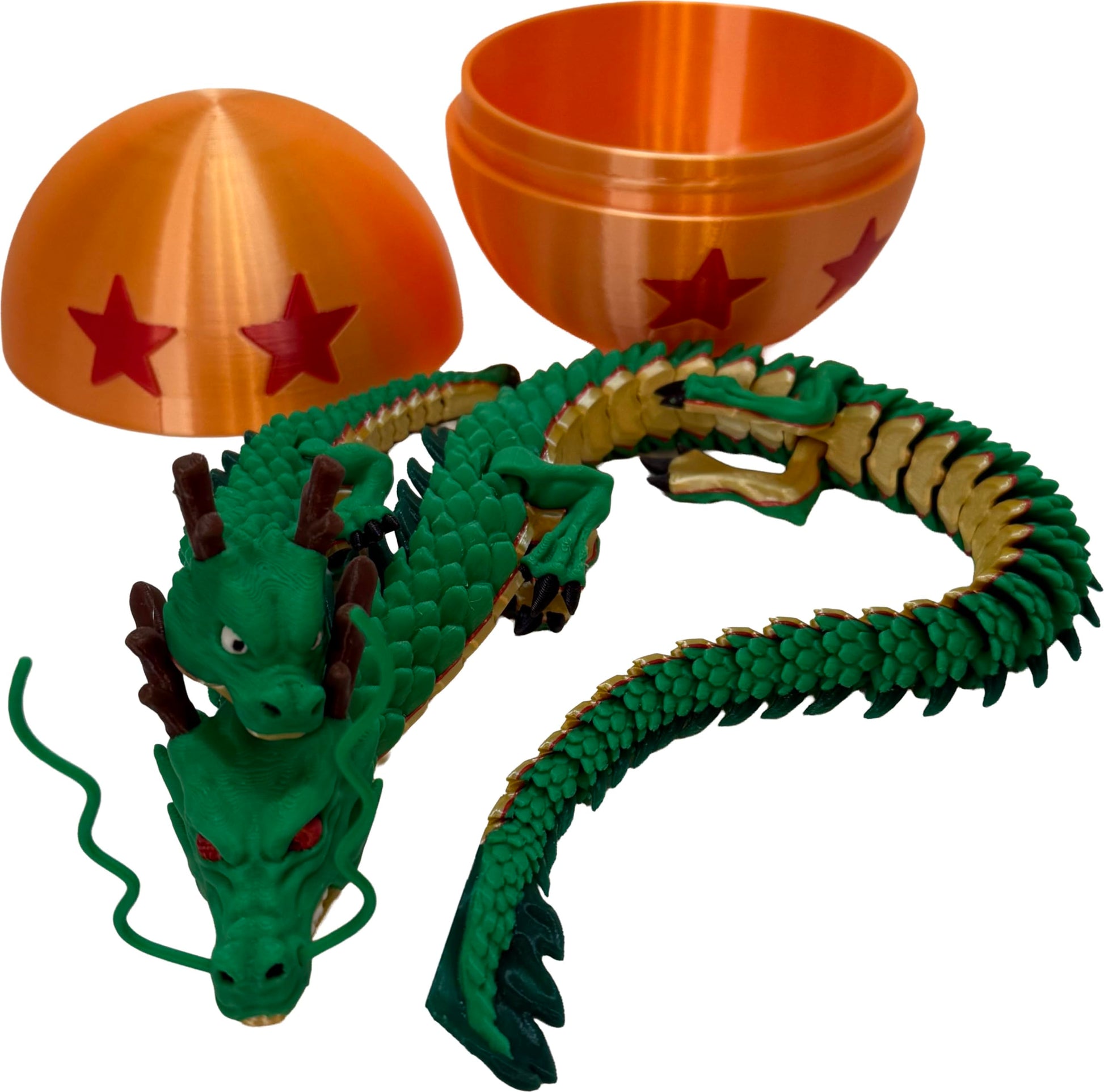 17.5 Inch Articulating Shenron Dragon Toy and 7 Inch Junior Shenron Dragon Inside Surprise 4 Star Ball/Egg, Green, Gold, Orange, Red, Black, and Brown