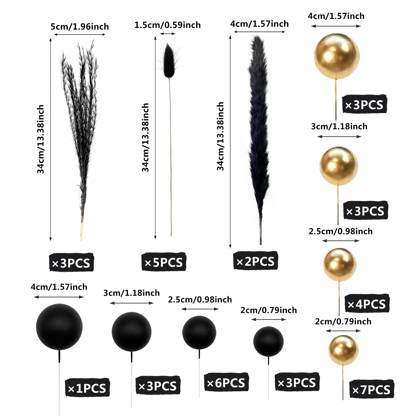 40 PCS Black Gold Cake Toppers Ball Cake Decoration Boho Bunny Tails Reed Grass Cake Decoration for Boho Wedding Birthday Baby Shower Party Cake