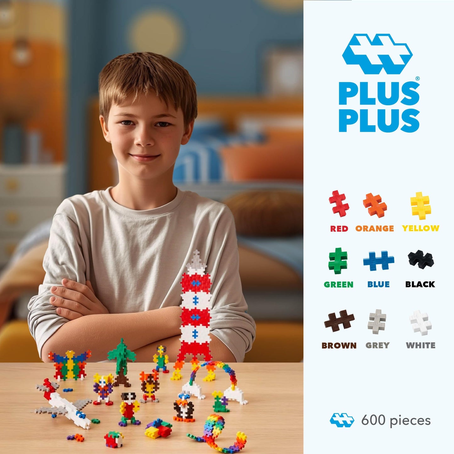 PLUS PLUS 600 Piece Basic Color Mix - Mini Waffle Blocks Set, Stem Toys for Kids - Sensory Bin Fillers, Math Manipulatives & Classroom Must Haves
