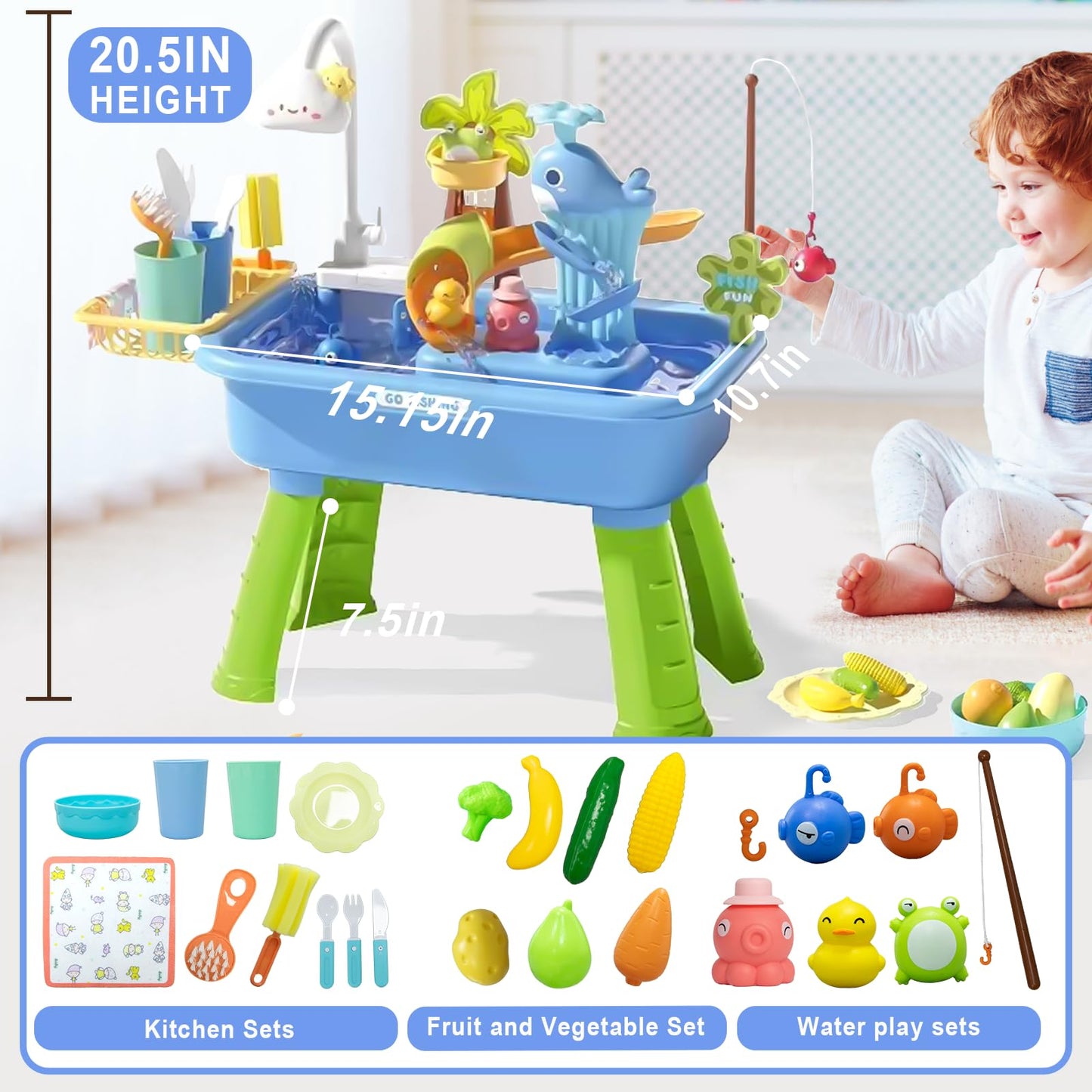2026 Upgraded Water Table for Toddlers 1-3, Toddler Water Table with Automatic Water Cycle System, Water Table for Toddlers Fishing Kitchen, Role-Play