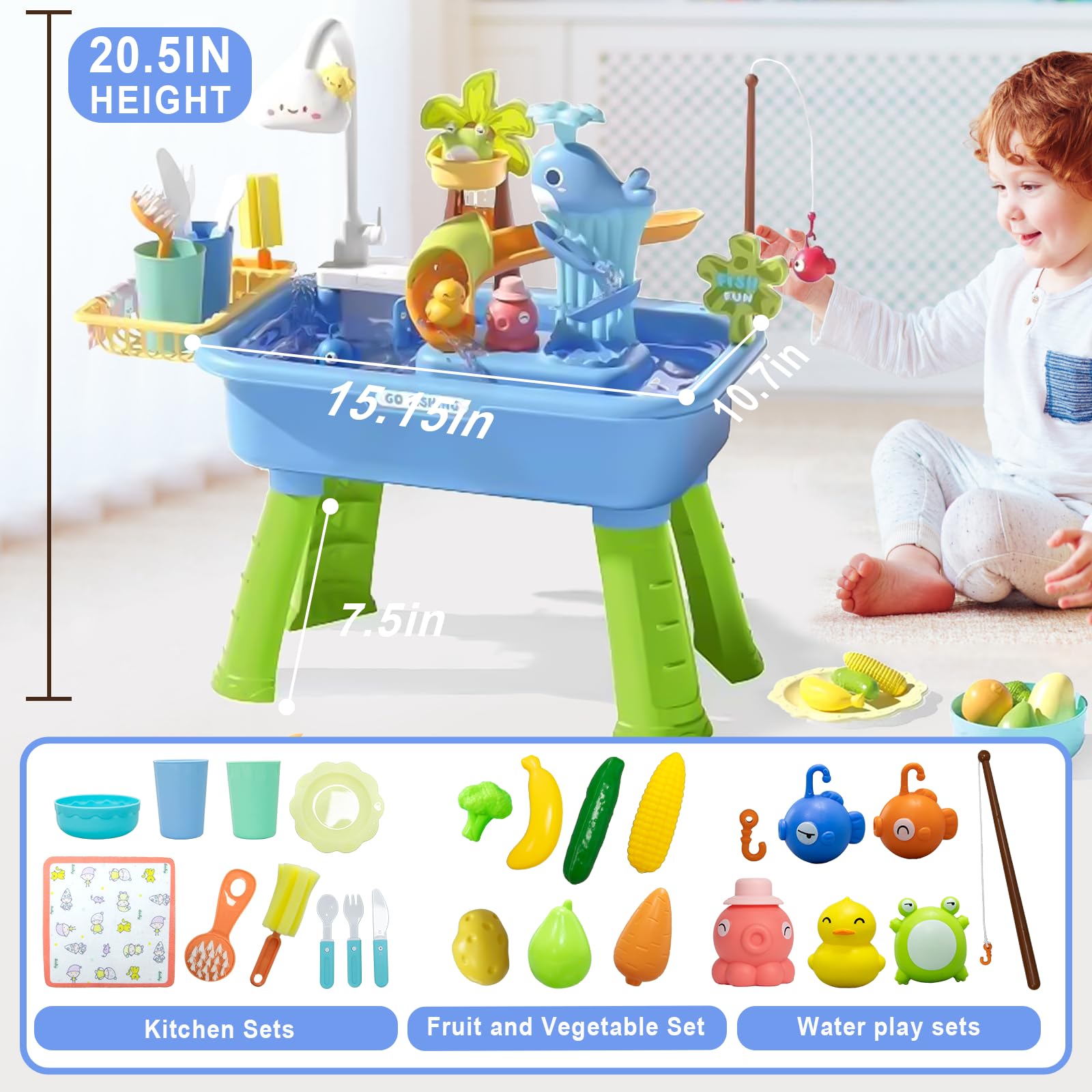 2026 Upgraded Water Table for Toddlers 1-3, Toddler Water Table with Automatic Water Cycle System, Water Table for Toddlers Fishing Kitchen, Role-Play
