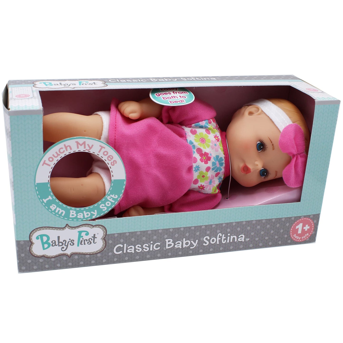 Baby's First Bathtime Baby Softina in Pink & Floral Jumper With Matching Headband and Feel So Real Skin - Safe for Children 1 Year & Up