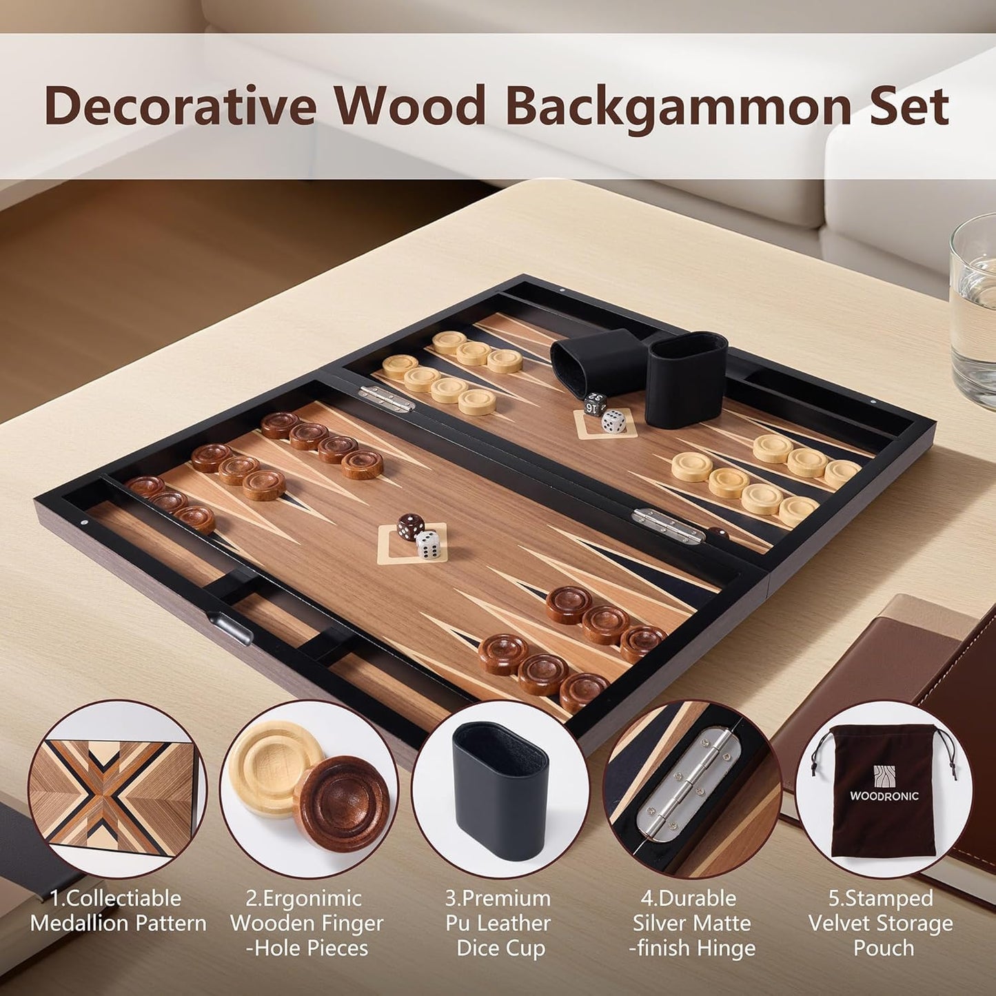 Wood Backgammon Set for Adults - 15 Inch Classic Board Game Case - Premium Folding Backgammon Set with Oversize Wooden Playing Pieces, Dices