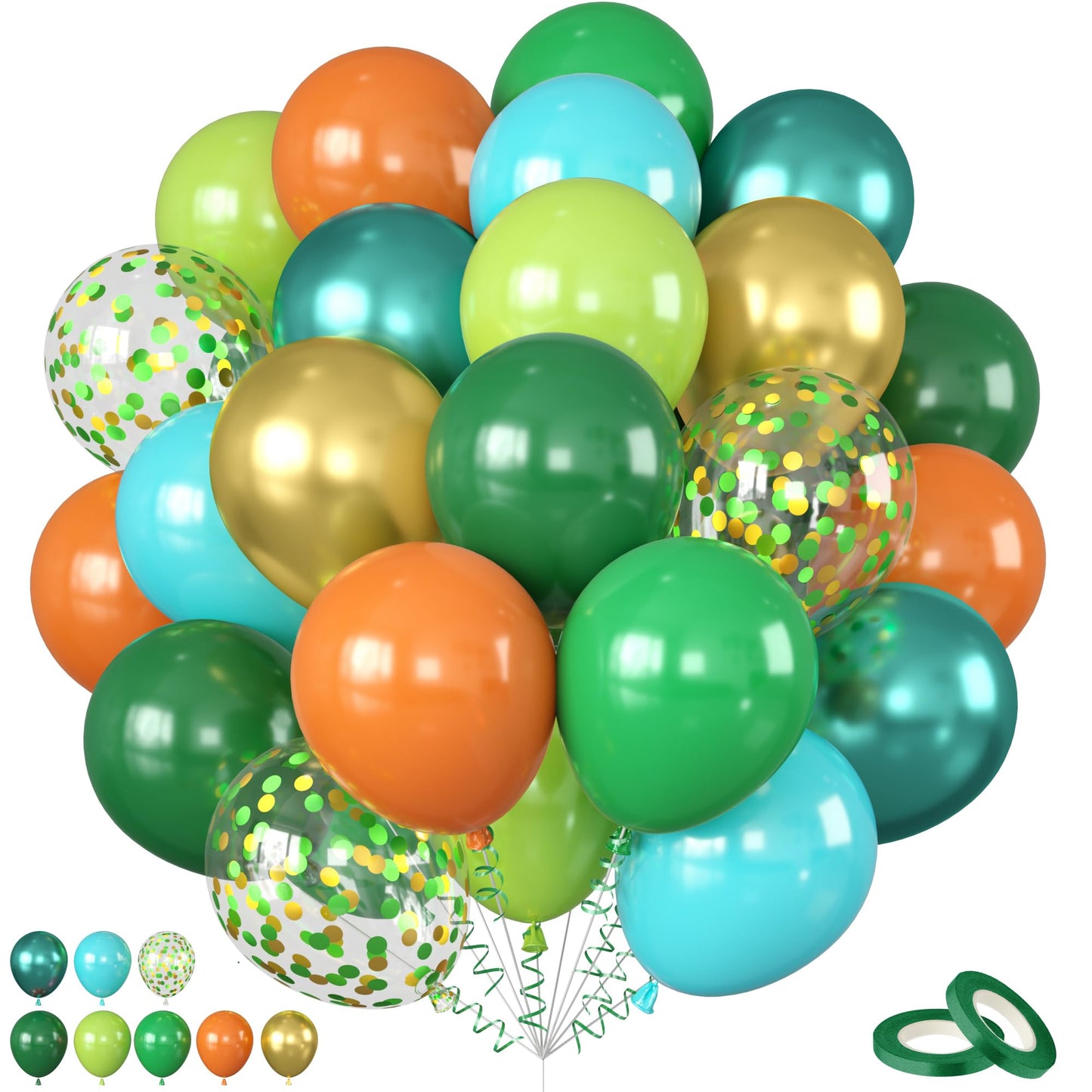 Dinosaur Balloons, 12 Inch Dark Green Teal and Orange Balloons, Metallic Gold Fruit Green Gold Confetti Balloon with Ribbons for Boys Baby Shower