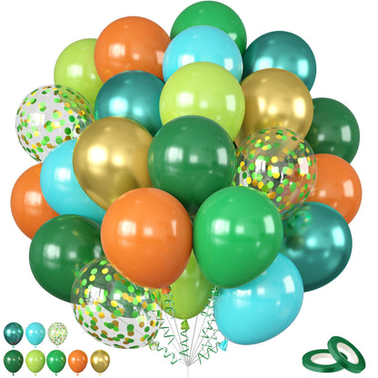 Dinosaur Balloons, 12 Inch Dark Green Teal and Orange Balloons, Metallic Gold Fruit Green Gold Confetti Balloon with Ribbons for Boys Baby Shower
