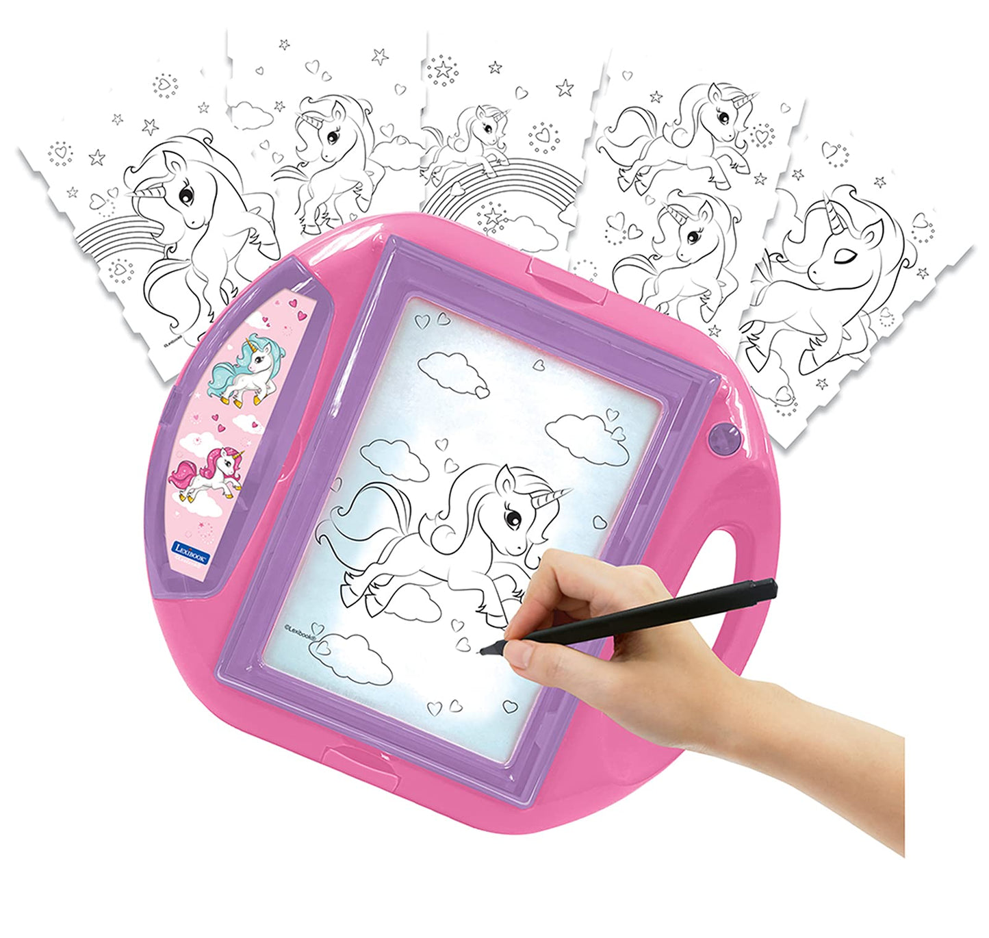 LEXiBOOK, Unicorn Drawing Projector, 4 tampons, 10 templates, Lighting Screen, 1 Pen Included, Artistic and Creative Toy for Girls and Boys