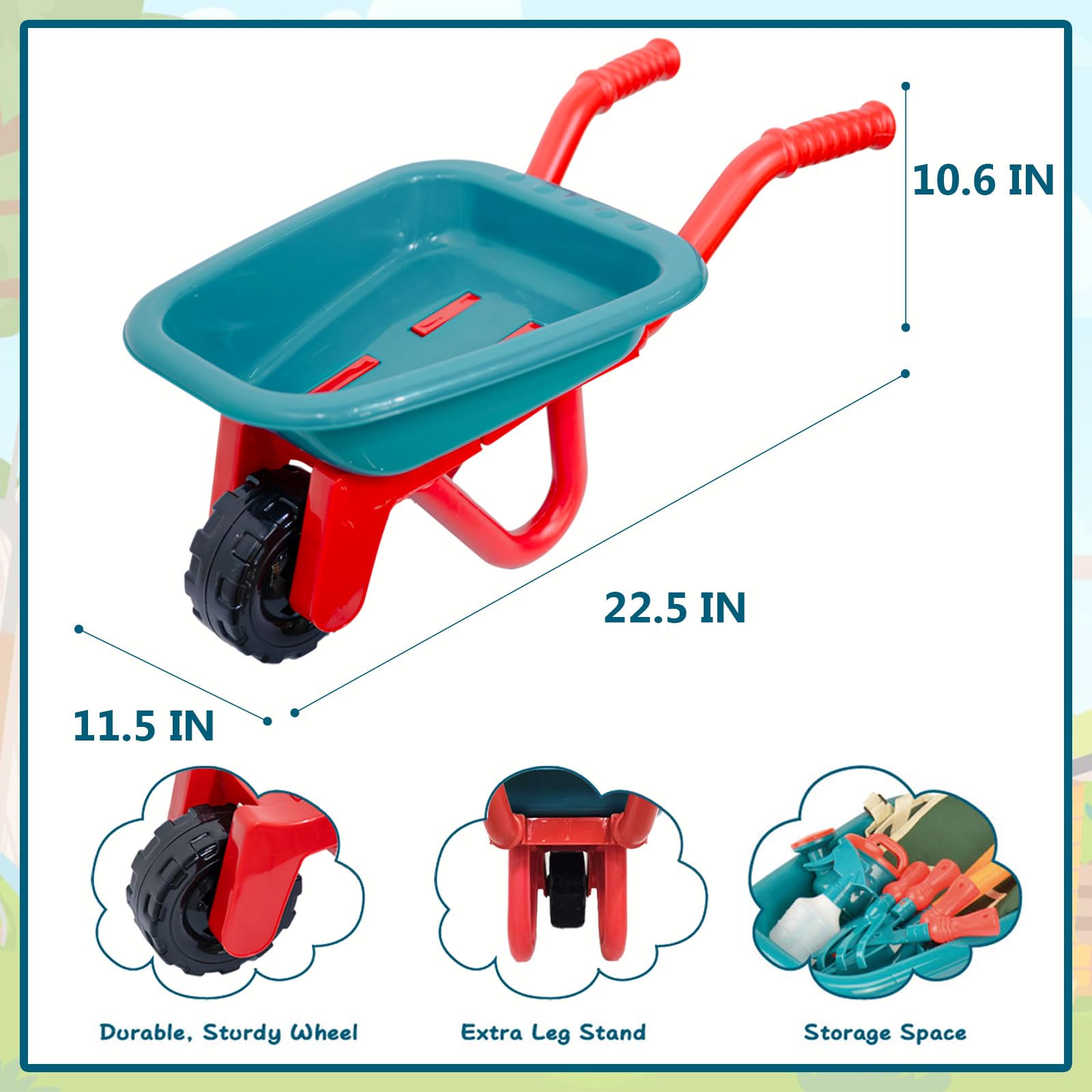 unanscre Gardening Tool Set for Kids, with Toddler Wheelbarrow, Watering Can, Spray Bottle, Double Rake, Shovel, Trowel, Pruner, Flowers Kit, Apron