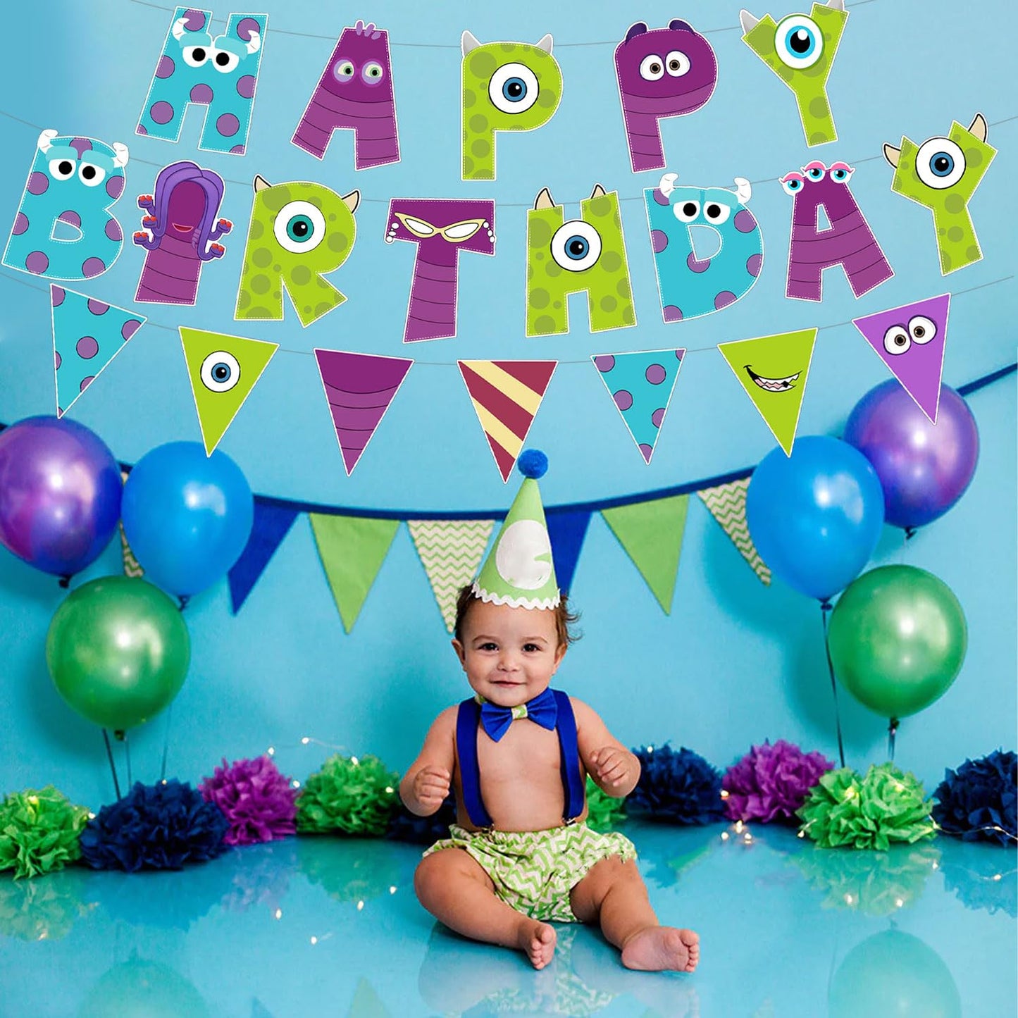 3 Pcs Monster Birthday Banner and Garland - Cute Monster Theme Party Decorations for Kids Birthday, Baby Shower, Boys Girls Celebration Supplies