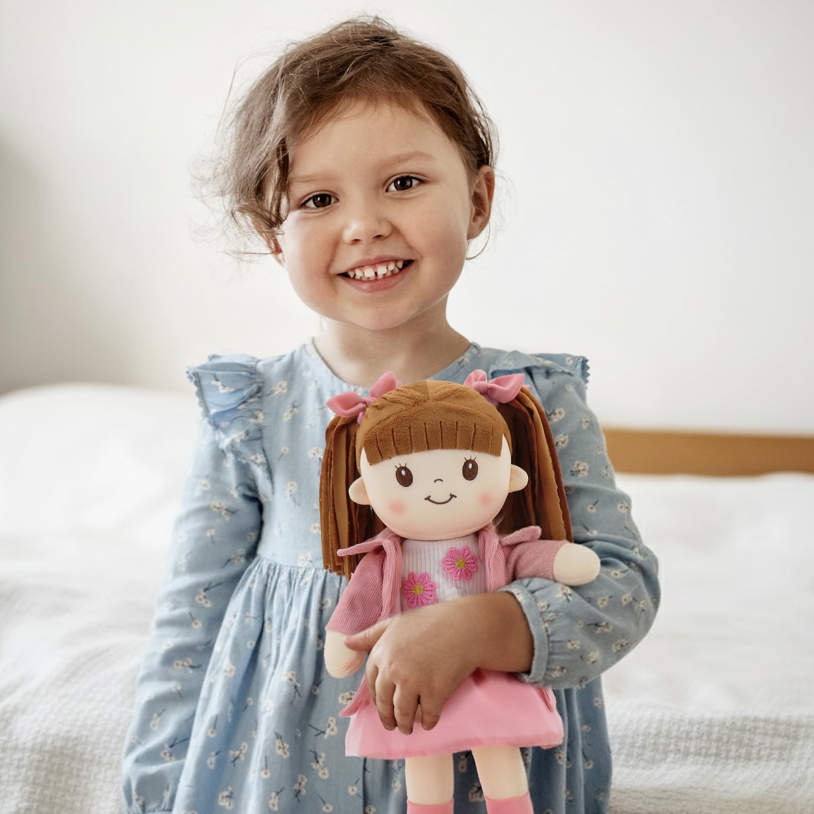 Linzy 15" Little Sweet Hearts Emily Doll - Adorable My First Plush Rag Doll for Girls - Soft Baby Doll with Braided Pigtails & Bows, Washable Sensory