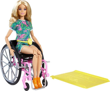 Barbie Fashionistas Doll #165 with Wheelchair & Ramp, Wavy Blonde Hair & Tropical-Print Outfit with Accessories