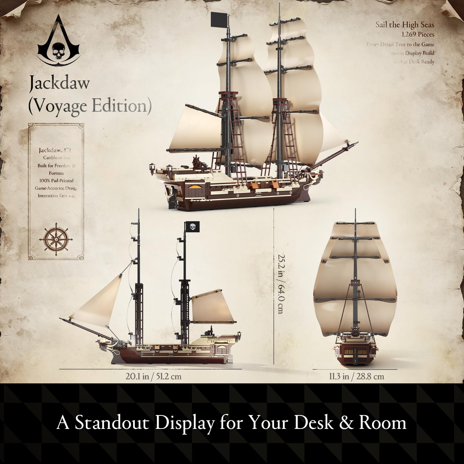 Wise Block Assassin's Creed Black Flag Jackdaw (Voyage Edition) Building Set - Pirate Ship Model with 6 Minifigures, Jackdaw Desktop Decoration