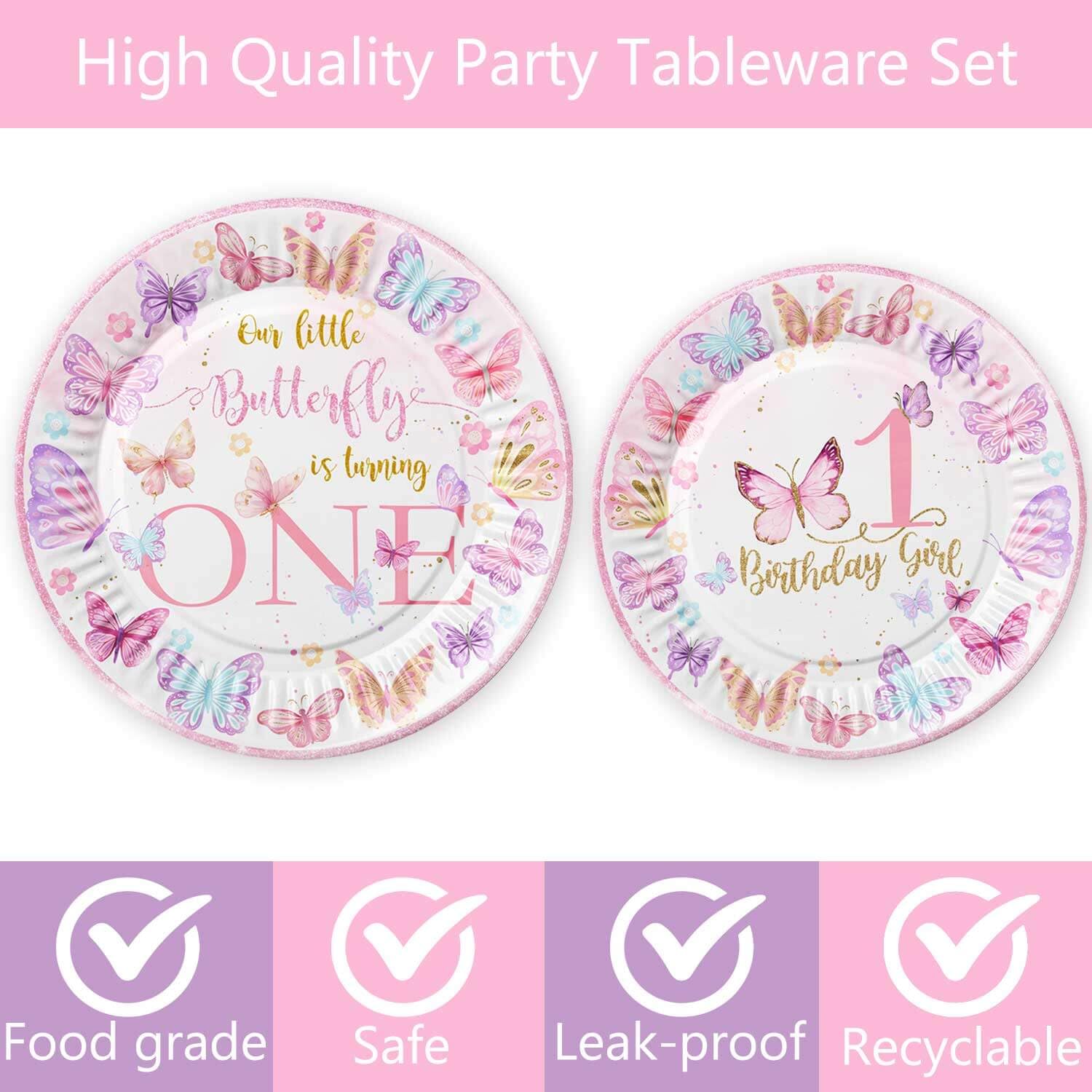 120 Pcs Butterfly 1st Birthday Party Supplies Girl Pink Our Little Butterfly is Turning One Party Decoration Includes Paper Plates Napkins Cups Straws
