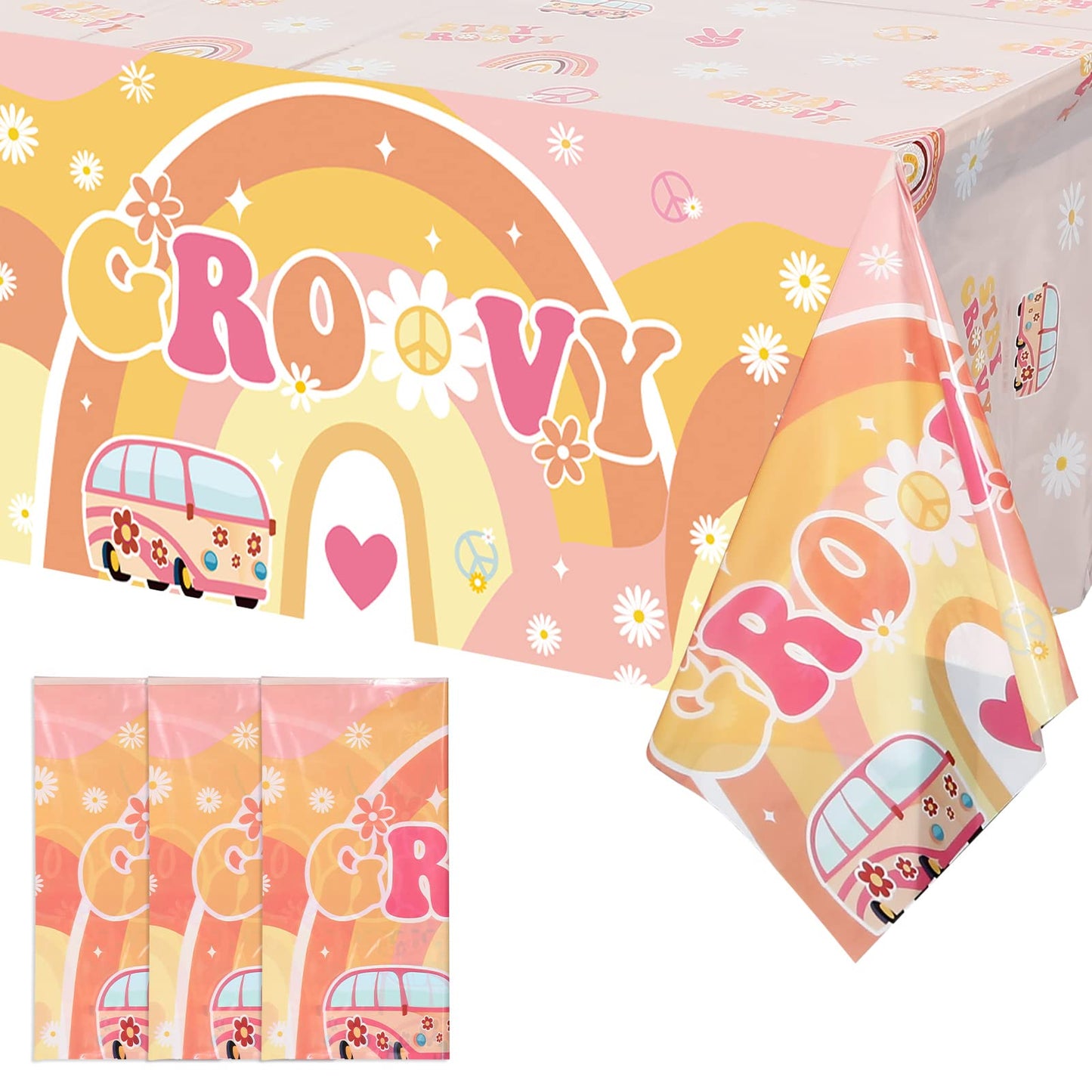 3 Pcs Two Groovy Party Plastic Tablecloths Groovy Retro Hippie Boho Party Decorations Rainbow Daisy Flower Rectangle Disposable Table Cover for Girls