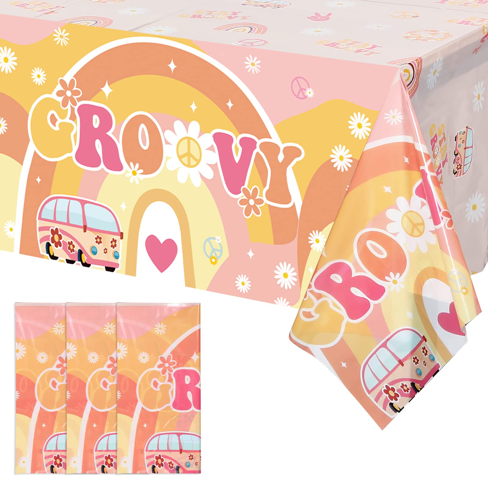 3 Pcs Two Groovy Party Plastic Tablecloths Groovy Retro Hippie Boho Party Decorations Rainbow Daisy Flower Rectangle Disposable Table Cover for Girls