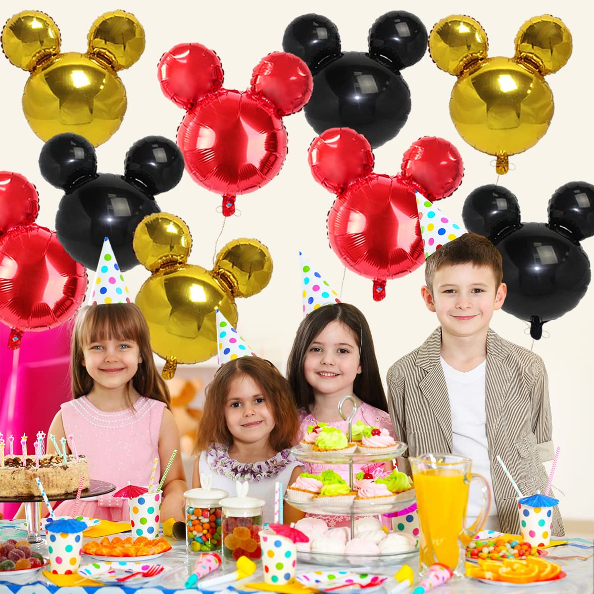 9Pack Mouse Party Foil Balloons, 27” Black Red Yellow Balloons for Cartoon Mouse Party, Baby Shower, Kids Birthday Theme Party Decoration Supplies