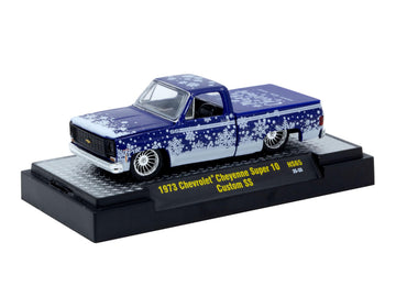 1973 Cheyenne Super 10 Pickup Truck Merry Christmas - Happy New Year Blue Metallic with White Snow Graphics Limited Edition to 10428 Pieces Worldwide