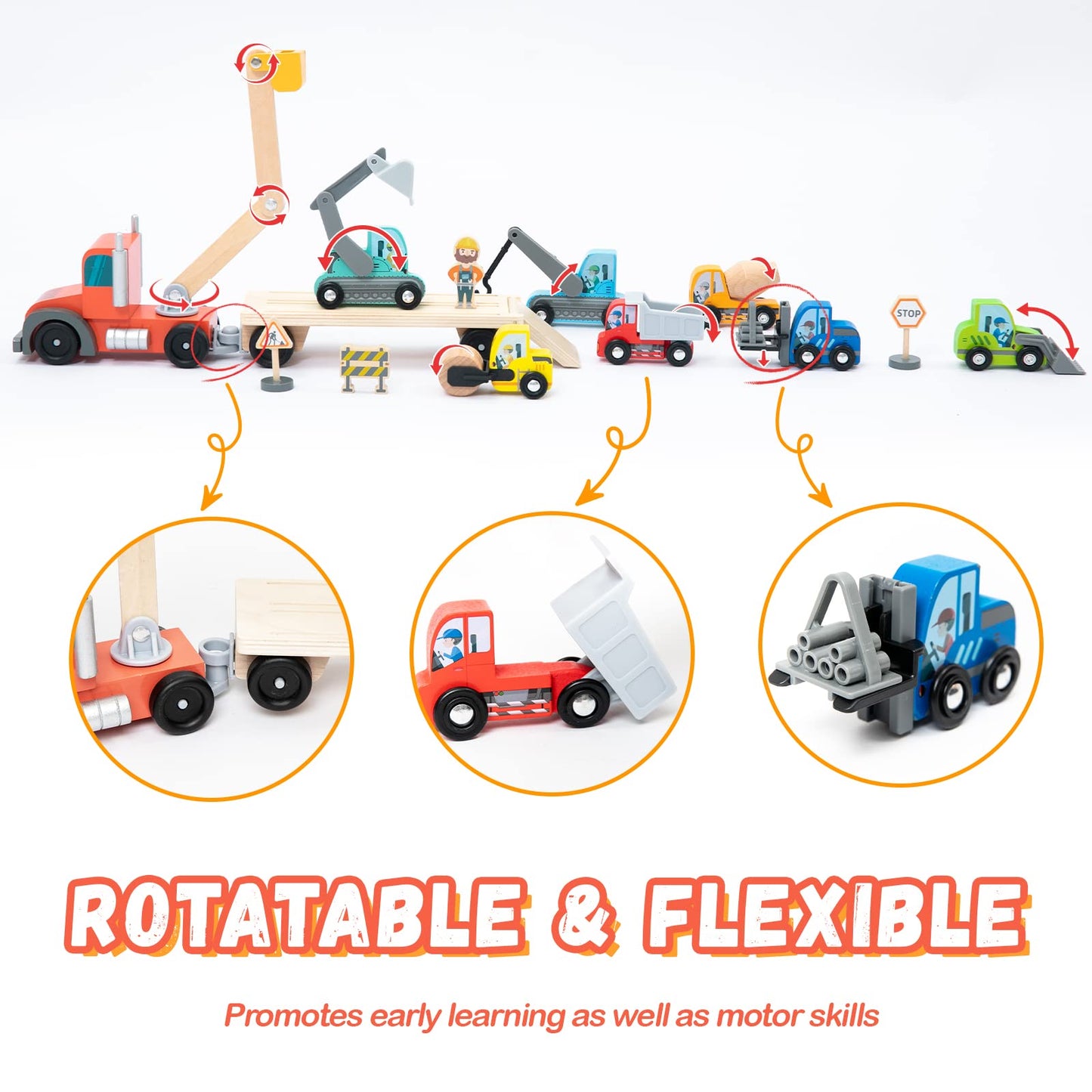 Wooden Construction Site Vehicles with Trailer 14 PCS Set, Vehicle Toys Cars for Toddlers and Kids Ages 3+ Gifts for Boys Girls, Compatible