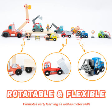 Wooden Construction Site Vehicles with Trailer 14 PCS Set, Vehicle Toys Cars for Toddlers and Kids Ages 3+ Gifts for Boys Girls, Compatible
