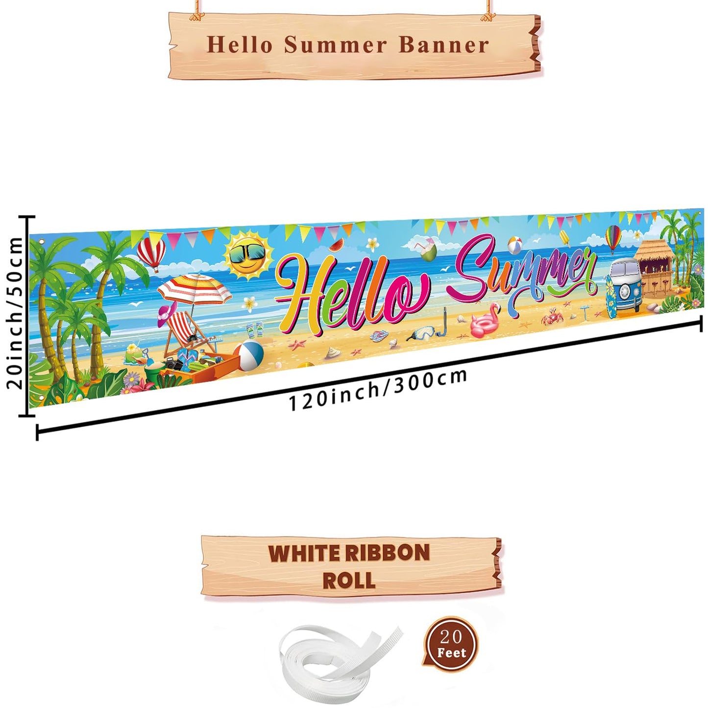 Hello Summer Banner, 118 x 20 Inch Beach Pool Hawaiian Luau Party Decorations for Outdoor Display