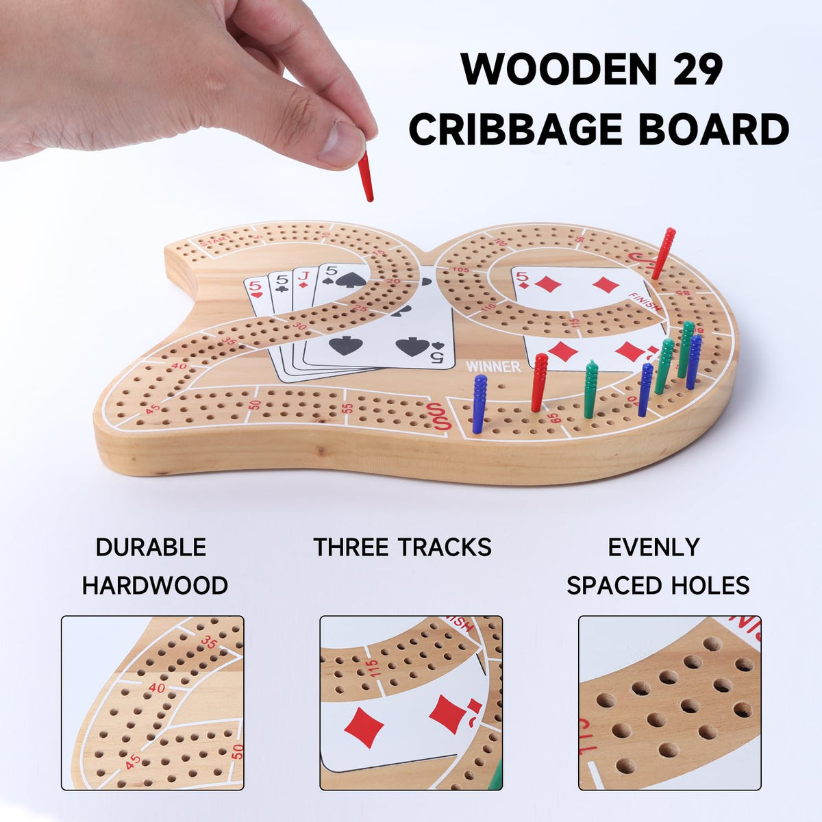 GSE Wooden 3-Track 29 Cribbage Board Game Set with 9 Plastic Pegs