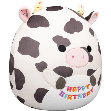 Squishmallows Original 12in Colin the Cow Holding “Happy Birthday” Sign - Official Jazwares Plush (Medium-Sized)