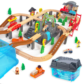 WoodenEdu 100Pcs Wooden Train Set for 3 Year Old Boys, Double-Side Train Set Tracks with Bridge Train Station & Storage Box, Fits Brio, Thomas