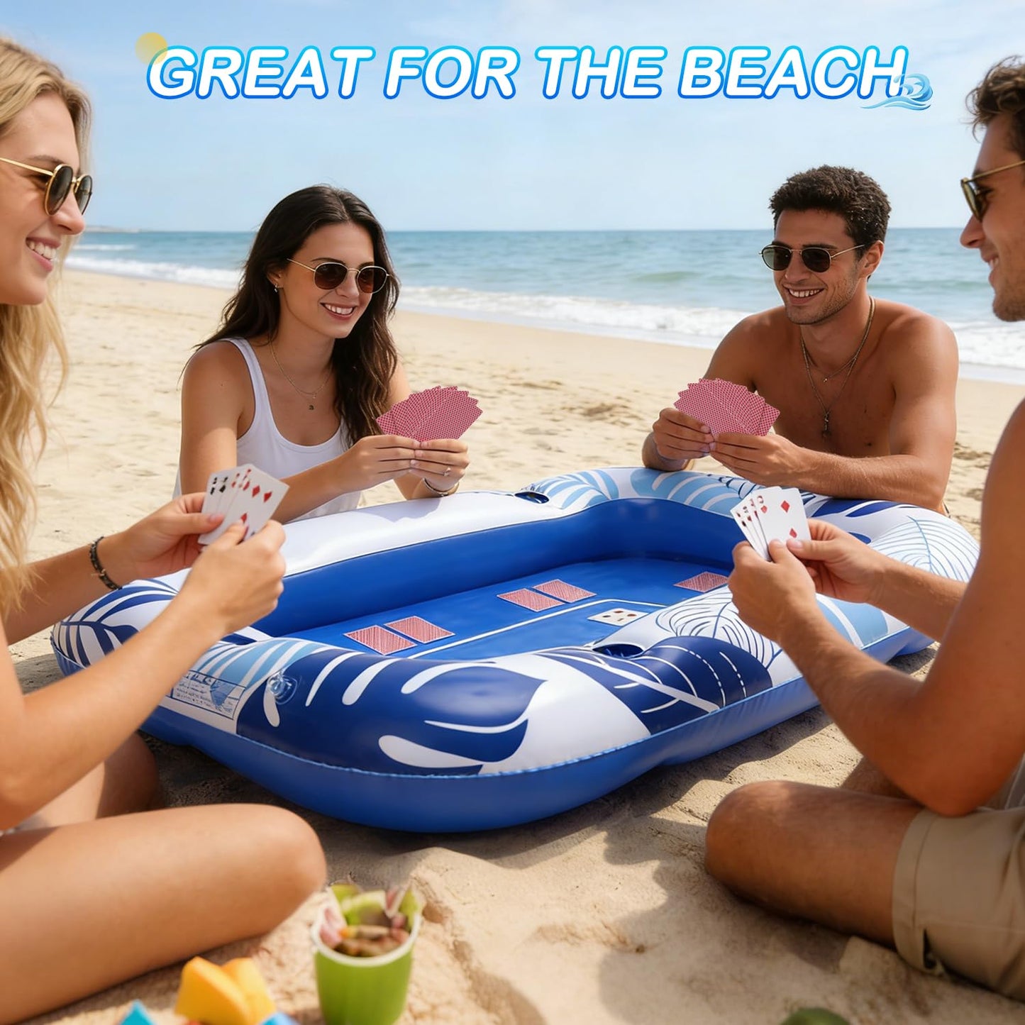 56IN Oversize Floating Card Game Table for Pool with Waterproof Cards - Inflatable Floating Card Table for Adults, Snack Drink Tray with Cup Holders