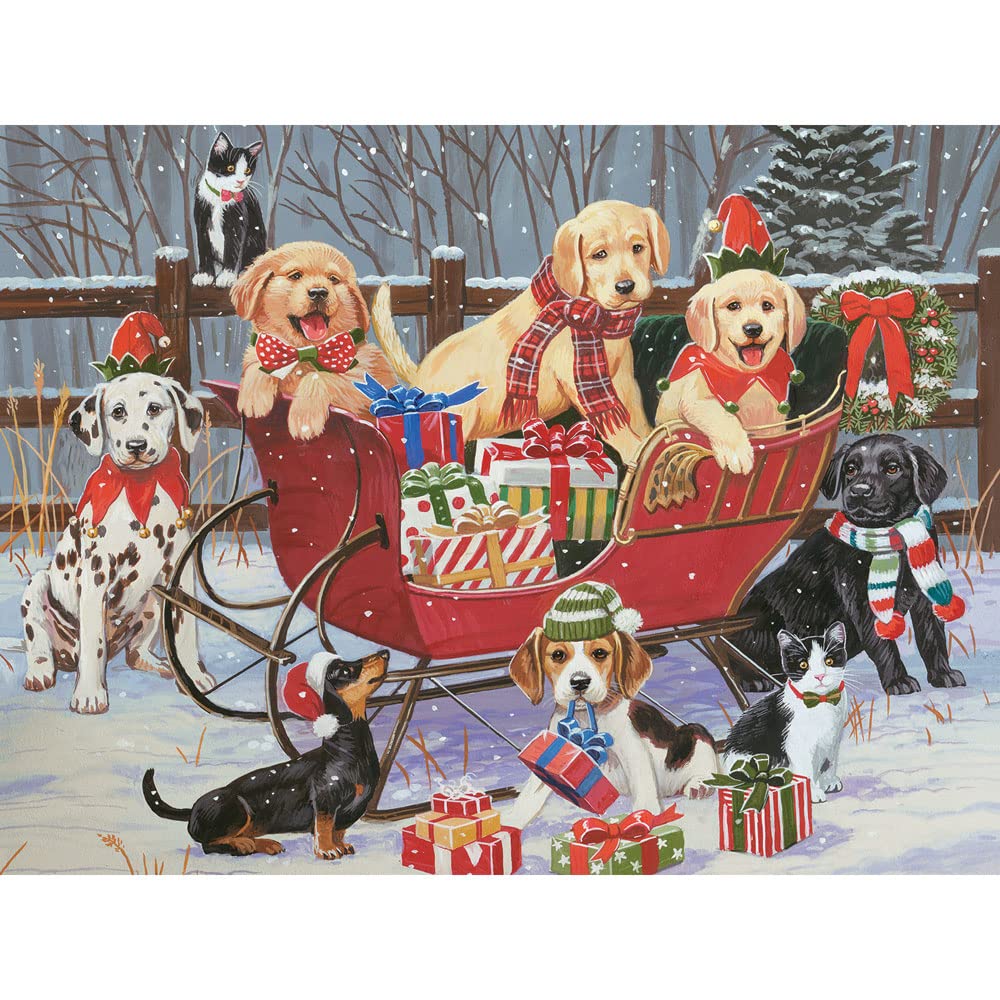Bits and Pieces - 500 Piece Jigsaw Puzzle for Adults - Santa's Helpers - Puppies Christmas Sleigh Jigsaw Puzzle by Artist William Vanderdasson