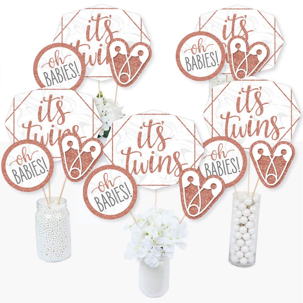 Big Dot of Happiness It's Twin Girls - Pink and Rose Gold Baby Shower Centerpiece Sticks - Table Toppers - Set of 15