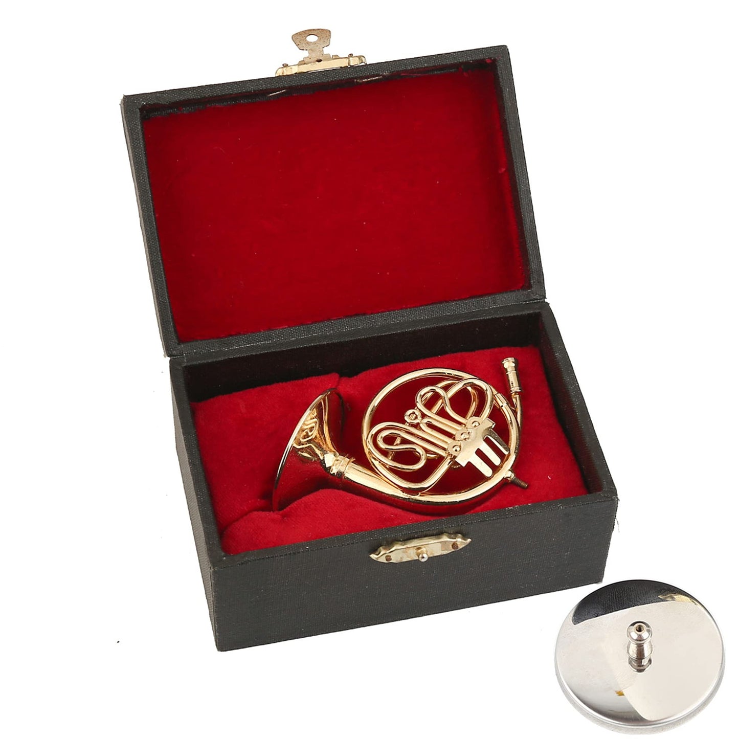 Dselvgvu Miniature French Horn with Stand and Case Brass Mini Musical Instrument French Horn Replica Collectible Figurines Dollhouse Accessories Model