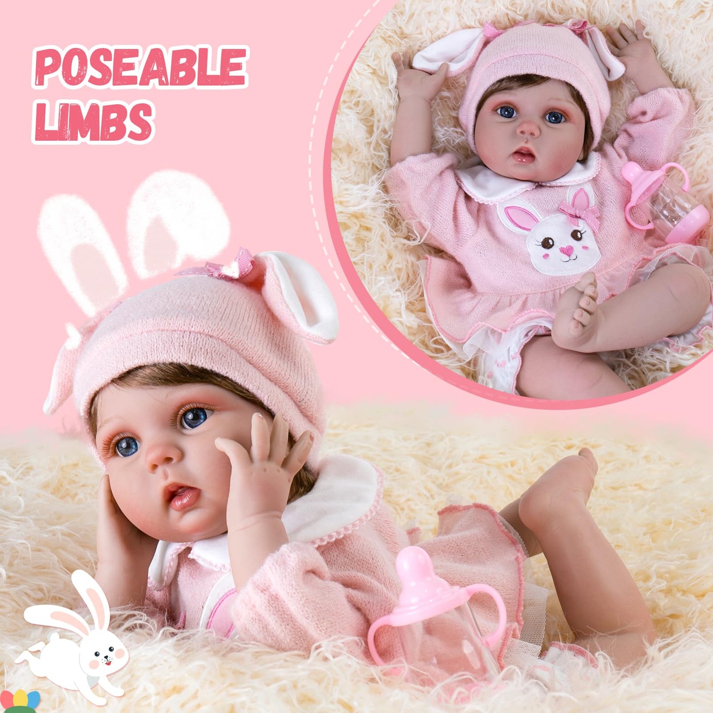 Aori Lifelike Reborn Baby Dolls - 22 Inch Realistic Newborn Baby Girl - Soft Vinyl Reborn Toddler with Feeding Set & Pink Outfit Real Life Baby Doll
