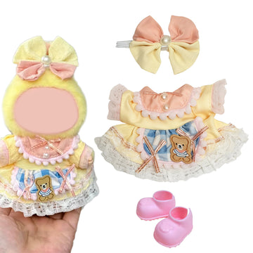17cm Doll Costume Set(3PCS) - Yellow Pink Pearl Bow, Bear Patch Lace Dress, Pink Bear Shoes?No Doll Included (Style J)