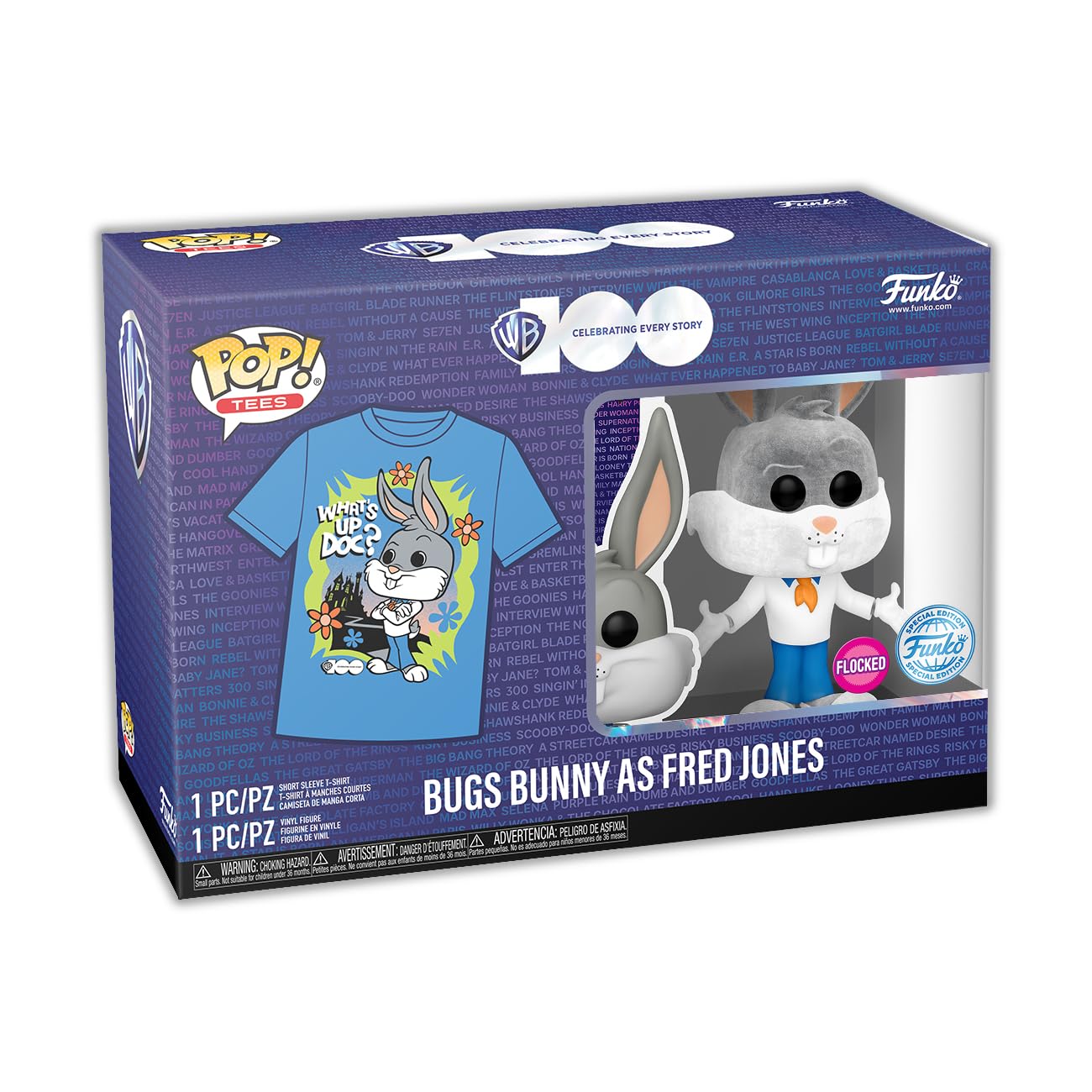 Funko Pop! & Tee: Bugs Bunny™ as Fred Jones™ (Flocked) - Large - (L) - T-Shirt - Clothes with Collectable Vinyl Minifigure - Gift Idea - Toys and