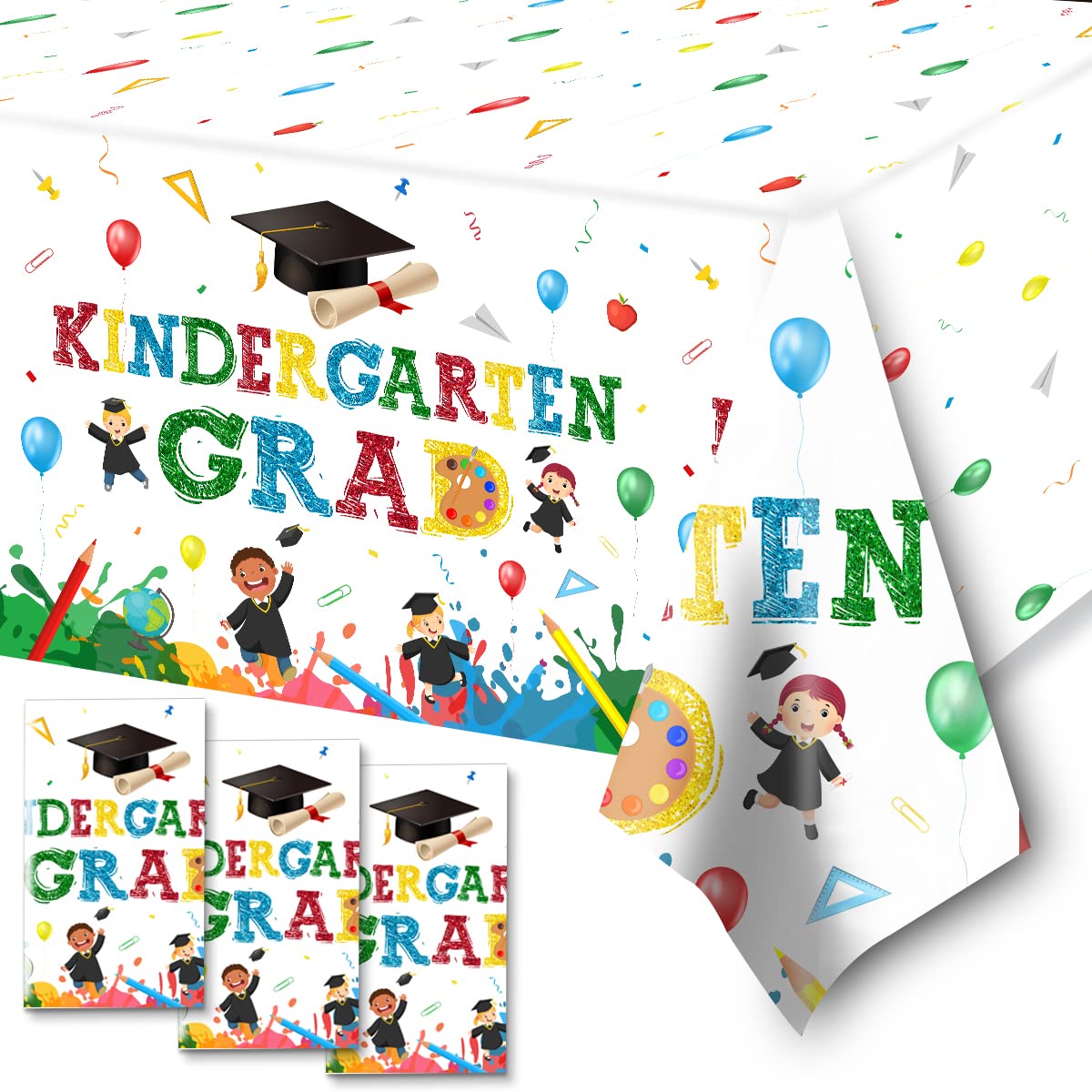 CMUSKO Happy Kindergarten Graduation Tablecloth Decorations- 3PCS Kindergarten Congrats Grad Colourful Waterproof Plastic Table Cover for 2026