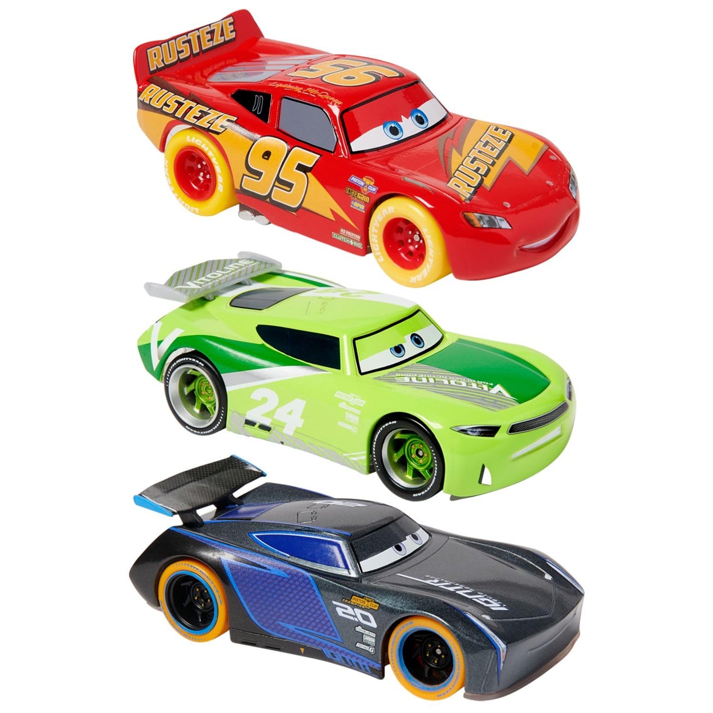 Disney Store Official Cars Light-Up Pullback Die Cast Set - Featuring Lightning McQueen, Jackson Storm, Chase Racelott - Neon Lights Set with Light-Up